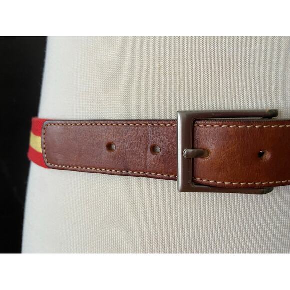 PAUL STUART Red/Yellow Stripe Stretch Belt w/Leather Trim Mens sz 42 - Picture 2 of 12